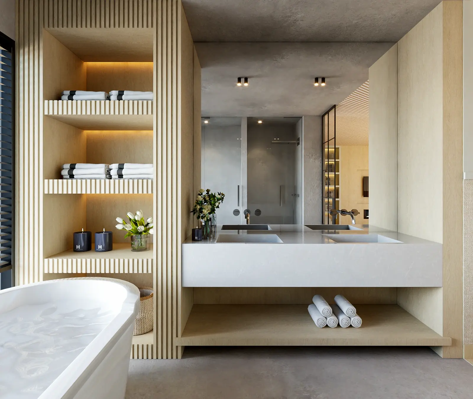 Projeto de arquitetura de Interiores contemporânea da casa de banho de um apartamento de luxo no parque das Nações Casa de banho muito contemporânea em que se privilegiou o uso de microcimento no pavimento e zonas húmidas contestando com apontamentos em carvalho.