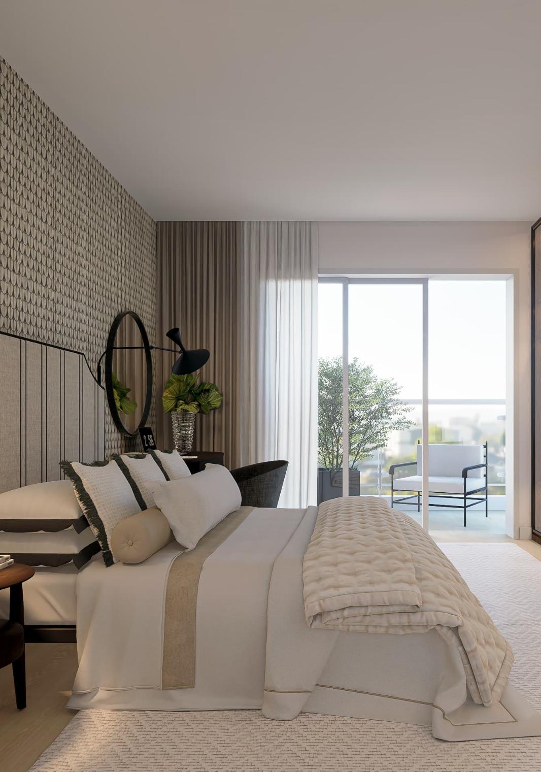 Quarto de casal em tons neutros e relaxantes integrado num apartamento totalmente remodelado pela Margarida Bugarim Interiores na Lapa. Quanto de casal com decoração contemporânea e acolhedora em que os tons neutros e os materiais naturais são os protagonistas.