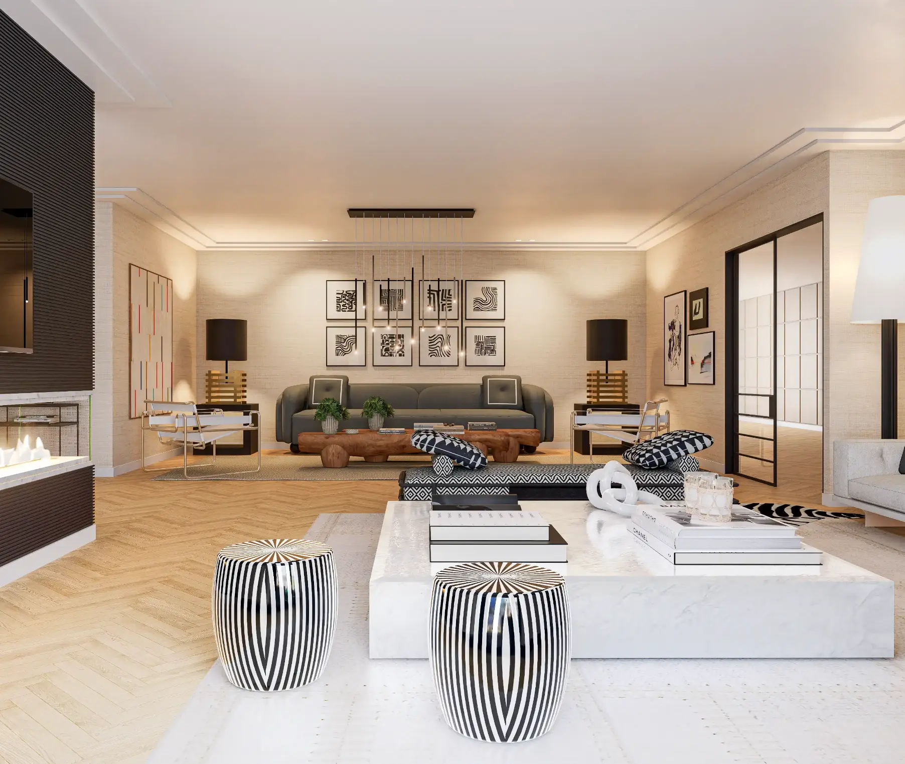 Decoração de interiores de uma sala em estilo contemporâneo em tons de preto e branco num apartamento de luxo no Parque das Nações Sala ampla com zonas de estar, jantar e TV, decorada em preto, branco e bege com destaque para a Wassily Chair