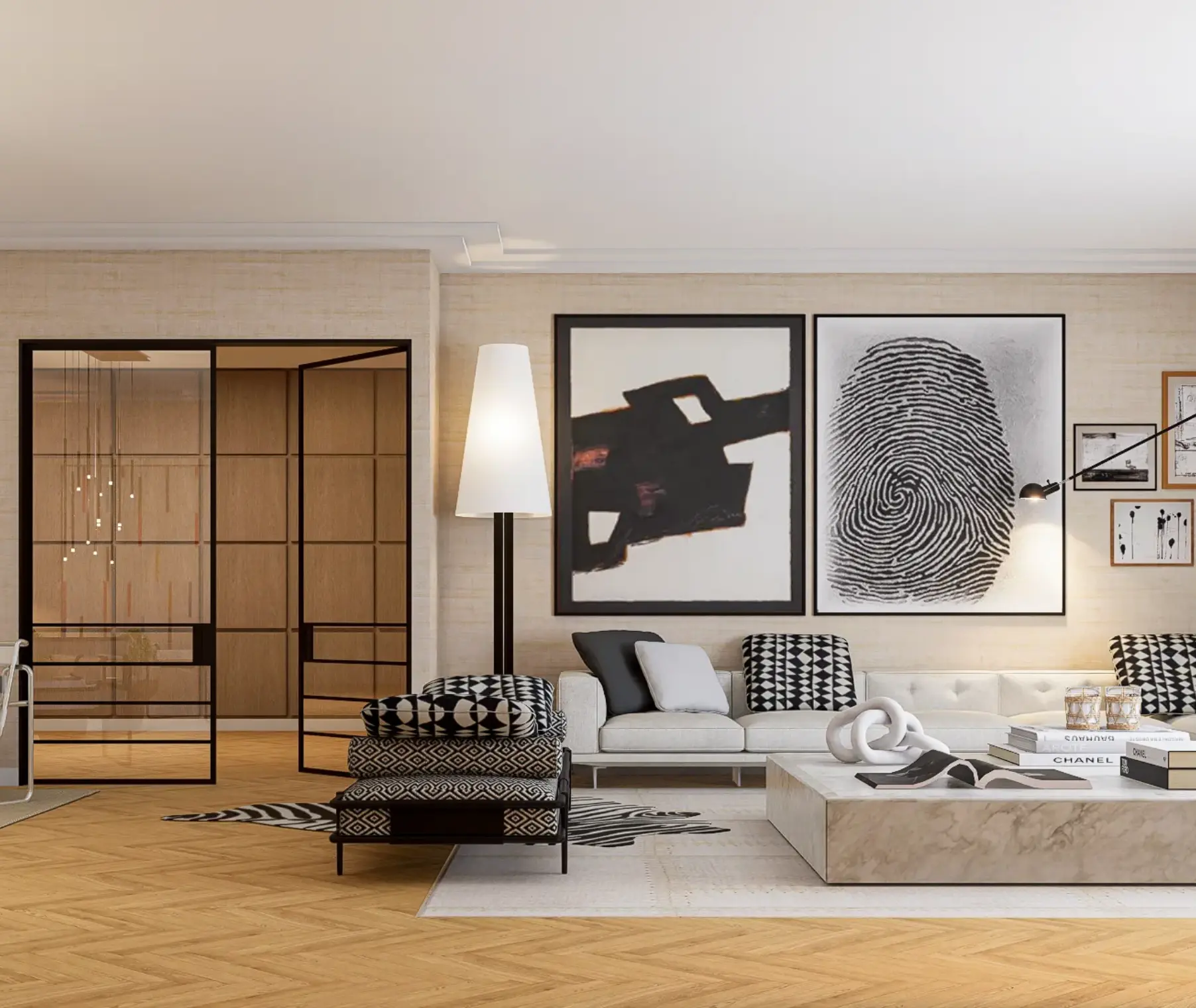 Decoração de interiores de sala contemporânea em tons de branco e preto em apartamento de luxo no Parque das Nações.  Zona de TV em que os quadros de grandes dimensões em tons de branco e preto são os protagonistas da decoração.