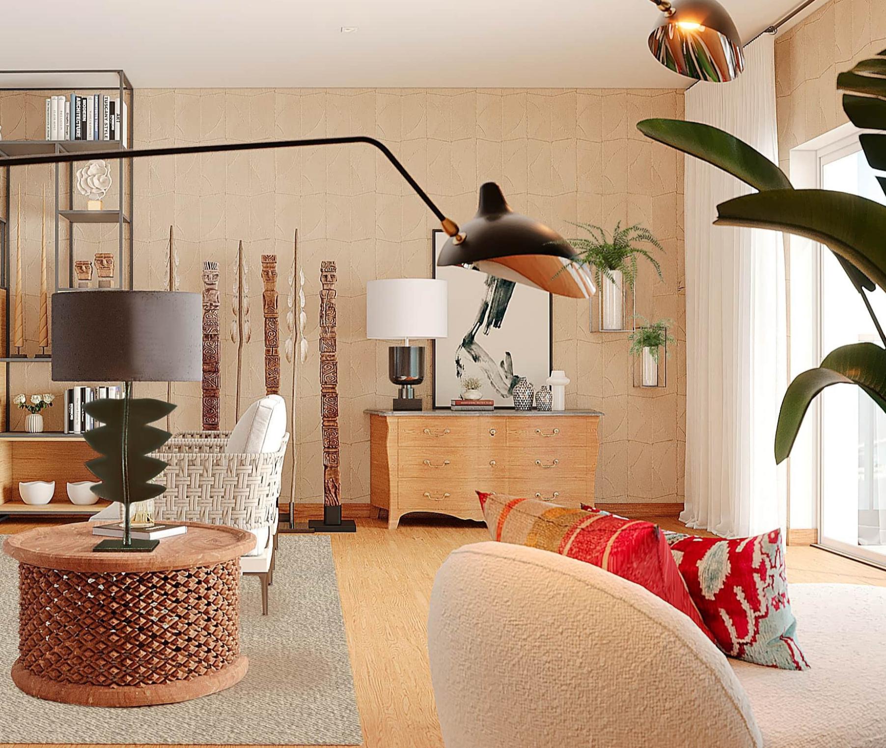Decoração eclética onde elementos contemponeos, étnicos e industriais se fundem nesta ampla sala de estar com vista rio, na Lapa. Na decoração desta sala o sofá, cadeirões e chaise-longue contemporâneos convivem harmoniosamente com várias peças étnicos  e uma estante industrial