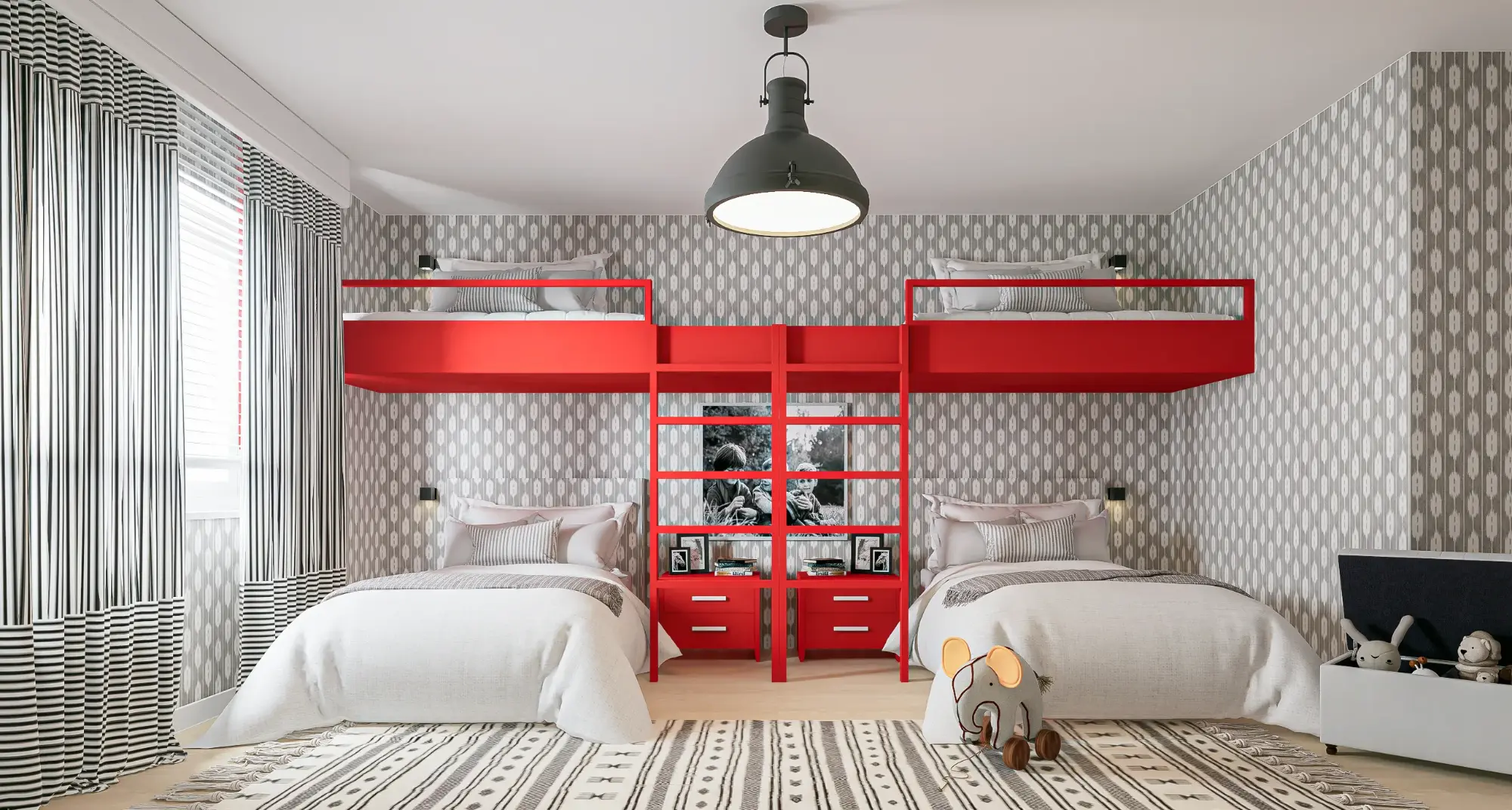 Children's bedroom decoration with custom bunk beds in an apartment completely remodeled and decorated by Margarida Bugarim Interiores Room for four children with personalized red bunk beds, gray and white patterned wallpaper, striped curtains, and ethnic rug