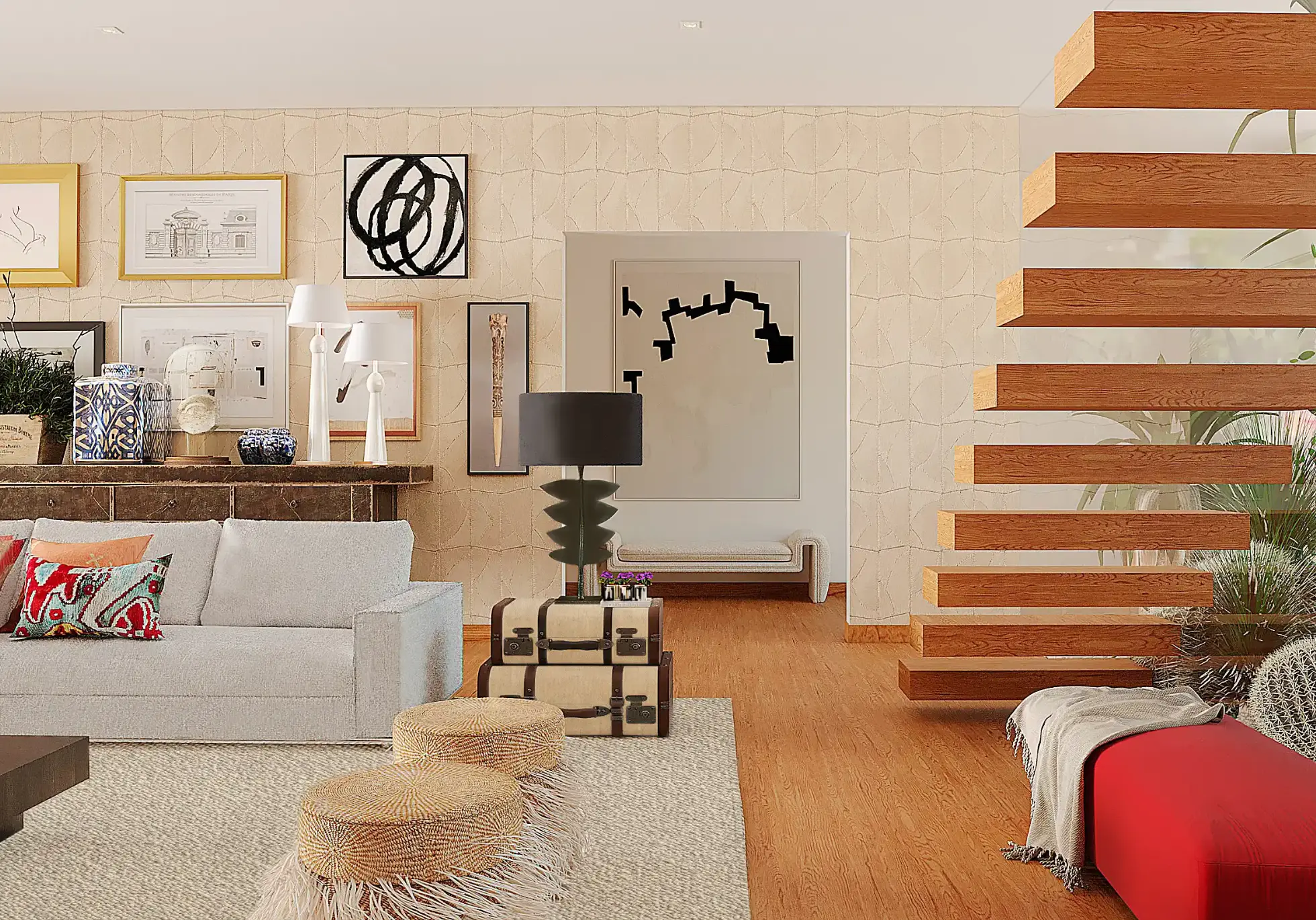 Living room with eclectic interior design and floating wooden staircase Living room of an apartment in Lapa with eclectic decor, floating wooden staircase, light-colored sofa, and art pieces of different styles