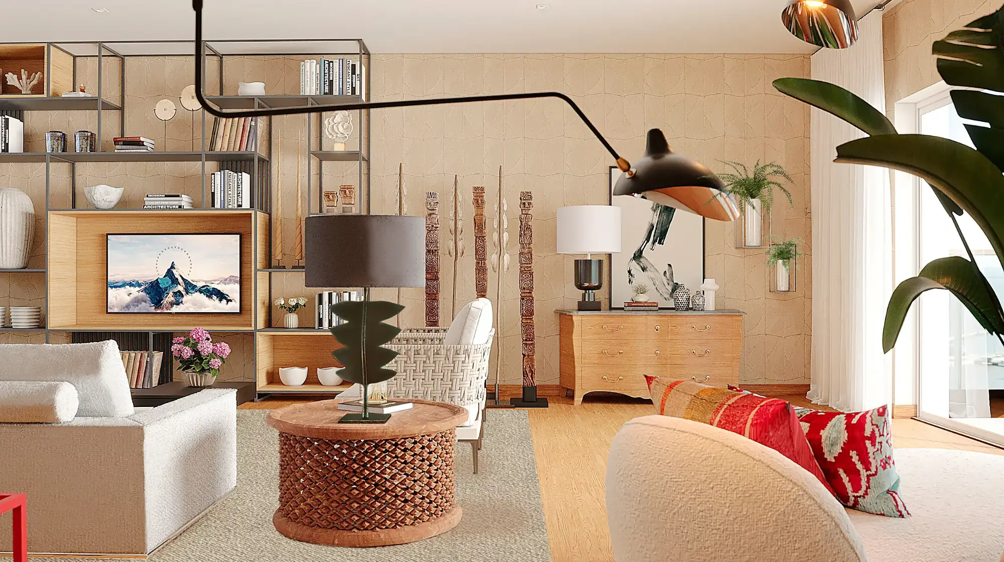 Eclectic style living room decor in an apartment in Lapa, remodeled and decorated by the Margarida Bugarim studio Eclectic-style living room with industrial wood and metal bookcase, white sofa, classic chest of drawers, and tribal spears