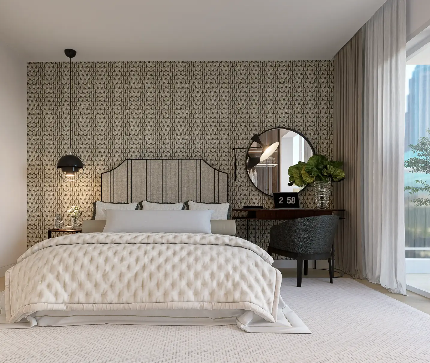 Contemporary bedroom decorated in neutral tones in an apartment in Lapa, remodeled and decorated by Margarida Bugarim Contemporary bedroom in neutral tones with upholstered headboard, wallpaper, desk, and round mirror – design by Margarida Bugarim