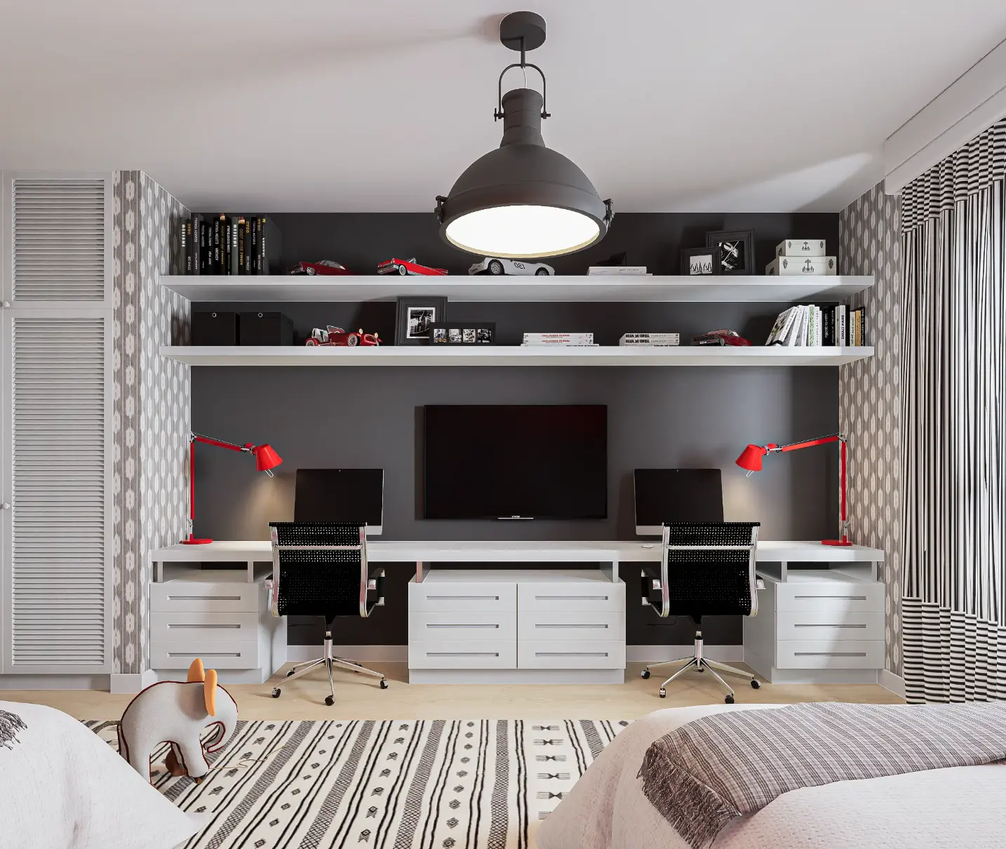 Children's bedroom decoration in an apartment completely remodeled and decorated by Atelier Margarida Bugarim in Alvalade Children's bedroom desk area decorated in white, gray, and red, double desk, wallpapered walls, and ethnic rug