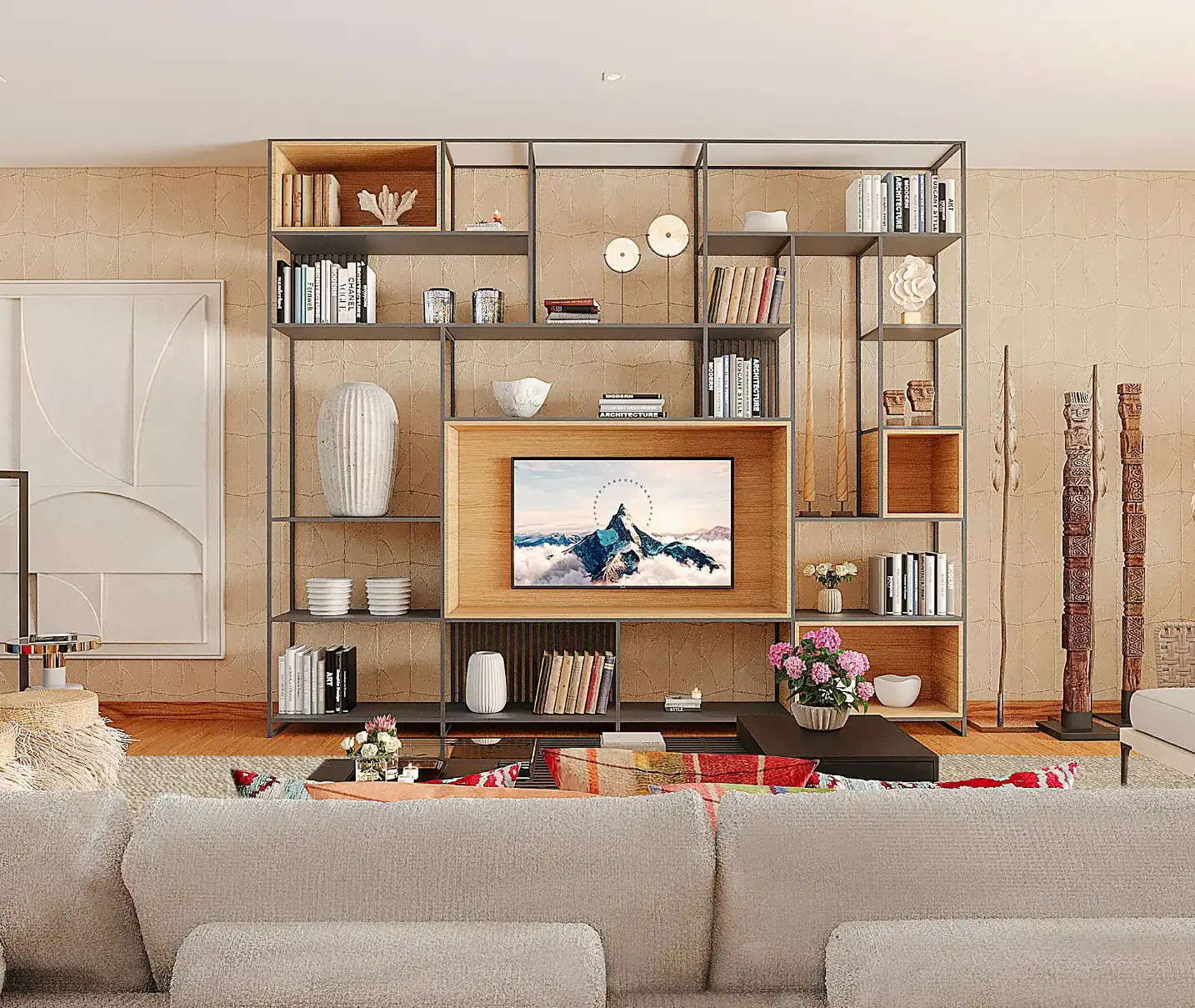 Industrial bookcase in the living room of an apartment in Lapa, completely remodeled and decorated by Margarida Bugarim Interiores.