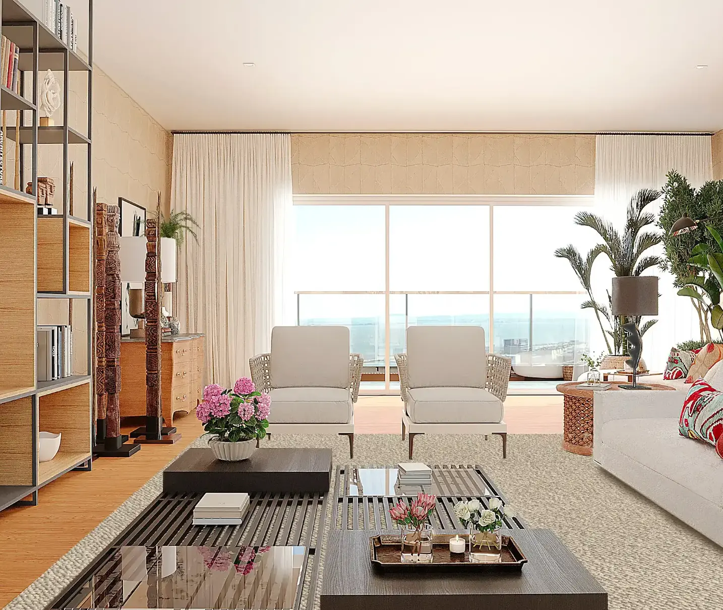 Living room with eclectic décor and views over the Tagus River, designed by Margarida Bugarim Living room with eclectic and personalized decor in an apartment in Lapa, with river views, light-colored sofa and colorful cushions, and contemporary