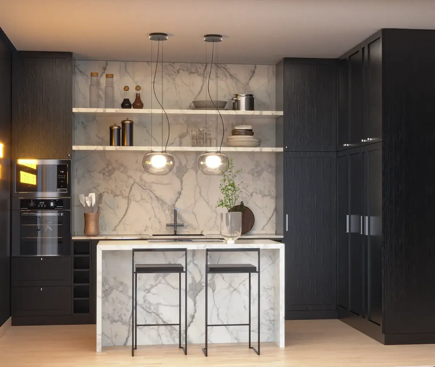 Contemporary open-plan kitchen in black and marble in an apartment with a renovation project designed by Margarida Bugarim Custom-designed black kitchen with straight lines, central island, and marble backsplash, located in a fully renovated apartment