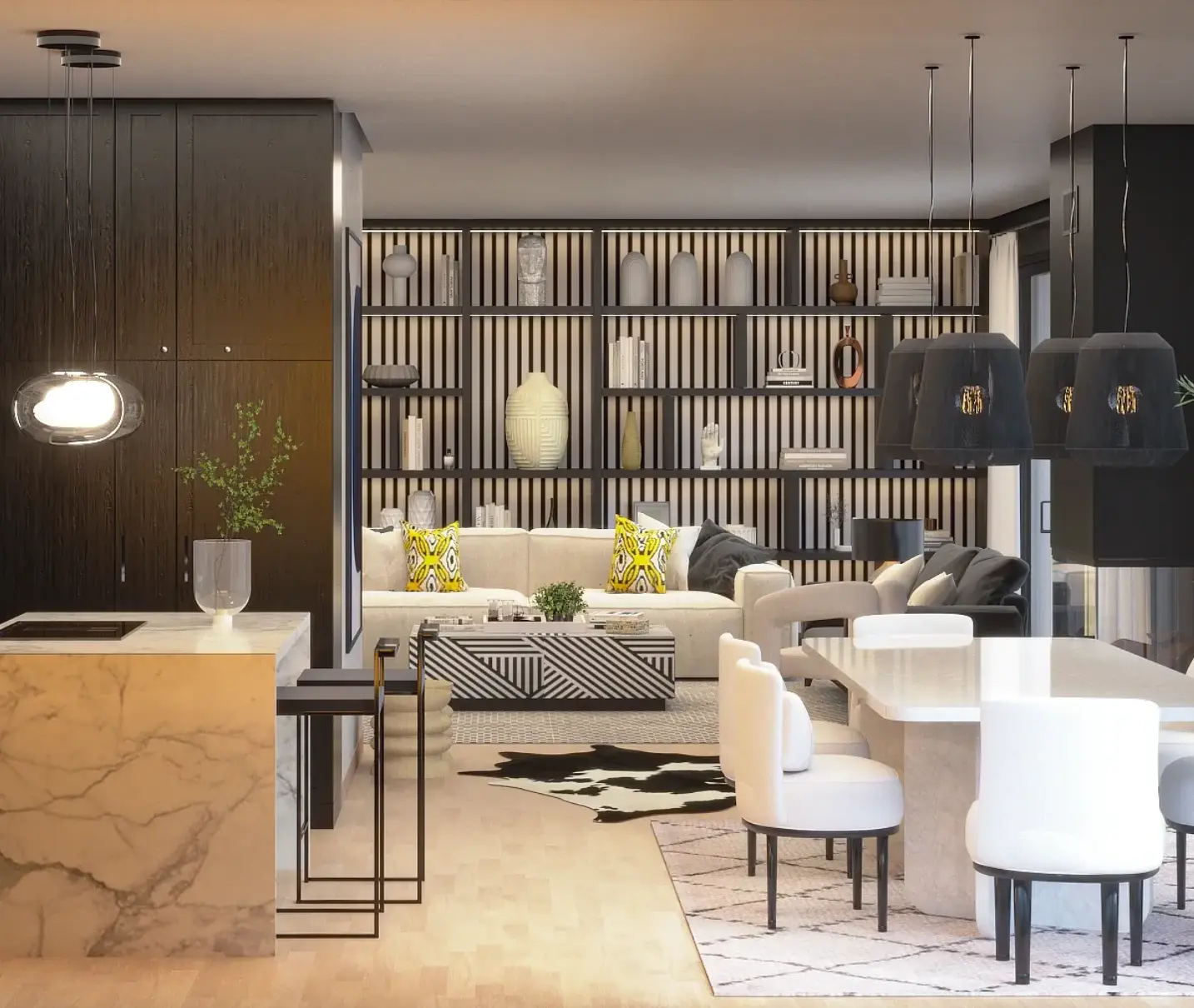 Renovation and interior design of a contemporary apartment in Alvalade by Margarida Bugarim Open-plan living room with a dark kitchen featuring clean lines and a marble central island, white stone table and upholstered chairs
