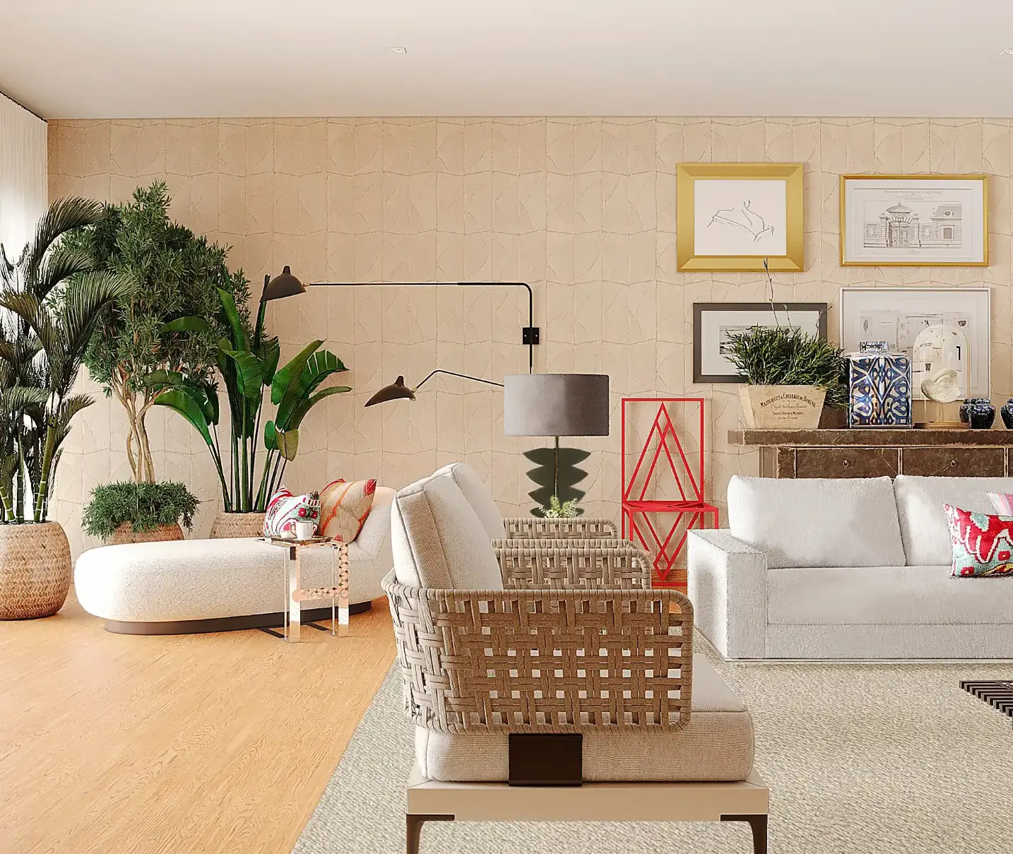 Contemporary living room with eclectic décor and natural elements in an apartment in Lapa, remodeled by the Margarida Bugarim Interiores team. Living room with eclectic contemporary decor, plants, art pieces of different styles, and a white sofa with colorful cushions in an apartment