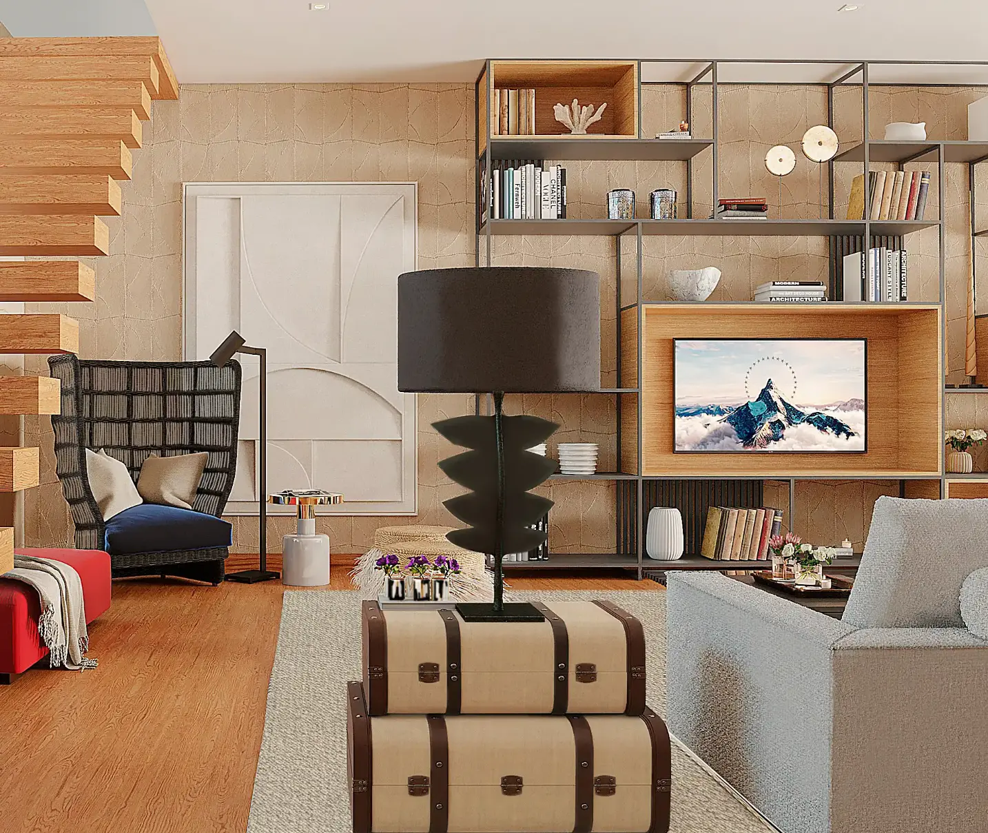 Living room with eclectic decor in an apartment completely remodeled by Margarida Bugarim Interiors in Lapa Eclectic-style living room with industrial wood and metal bookcase, white sofa, suspended staircase, fiber armchair, and contemporary painting