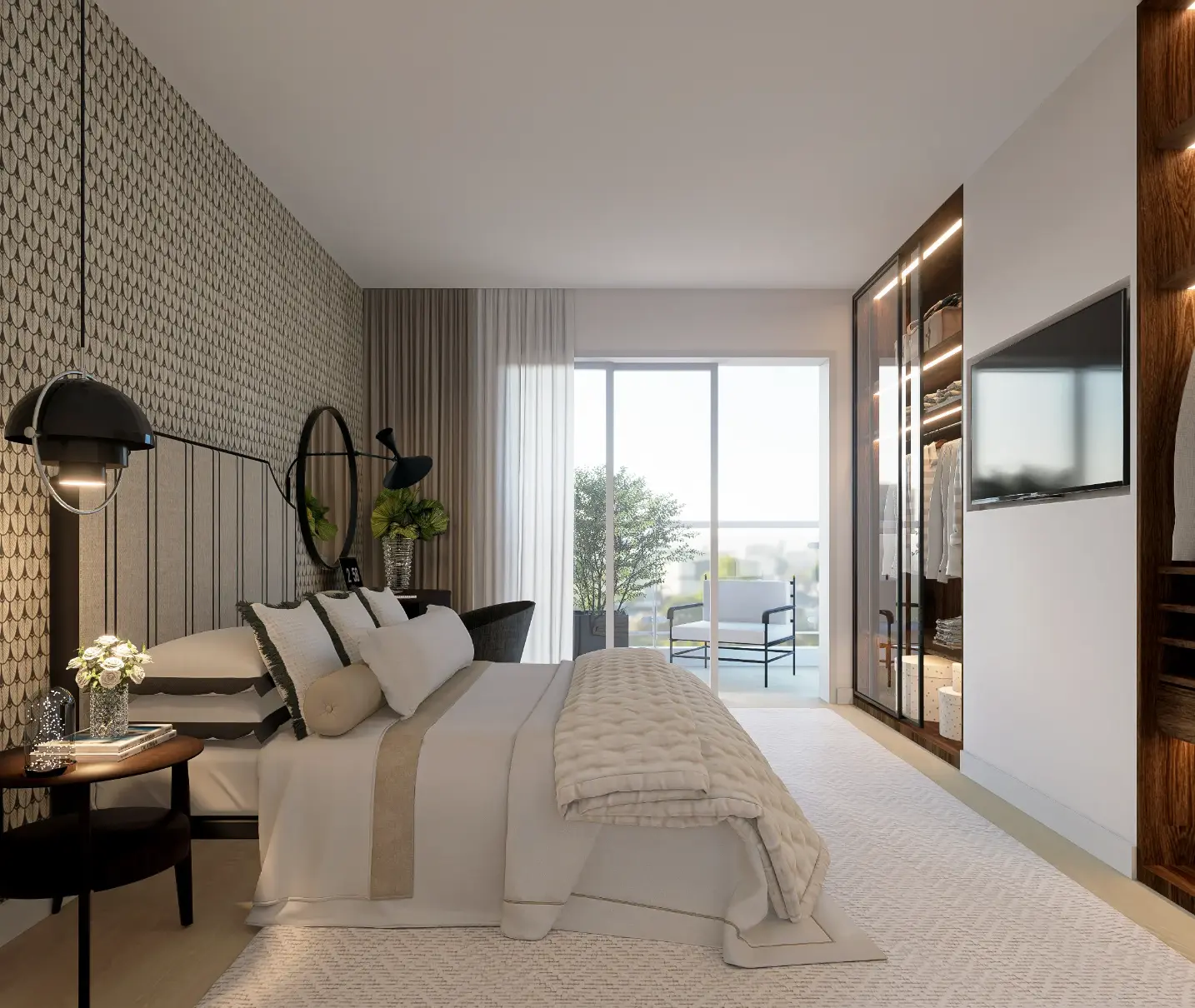 Room with contemporary, neutral interior design and custom-made wardrobe—interior design by Margarida Bugarim Contemporary bedroom in neutral tones with upholstered bed, wallpaper, and wooden closet designed and executed by Margarida Bugarim Interiores