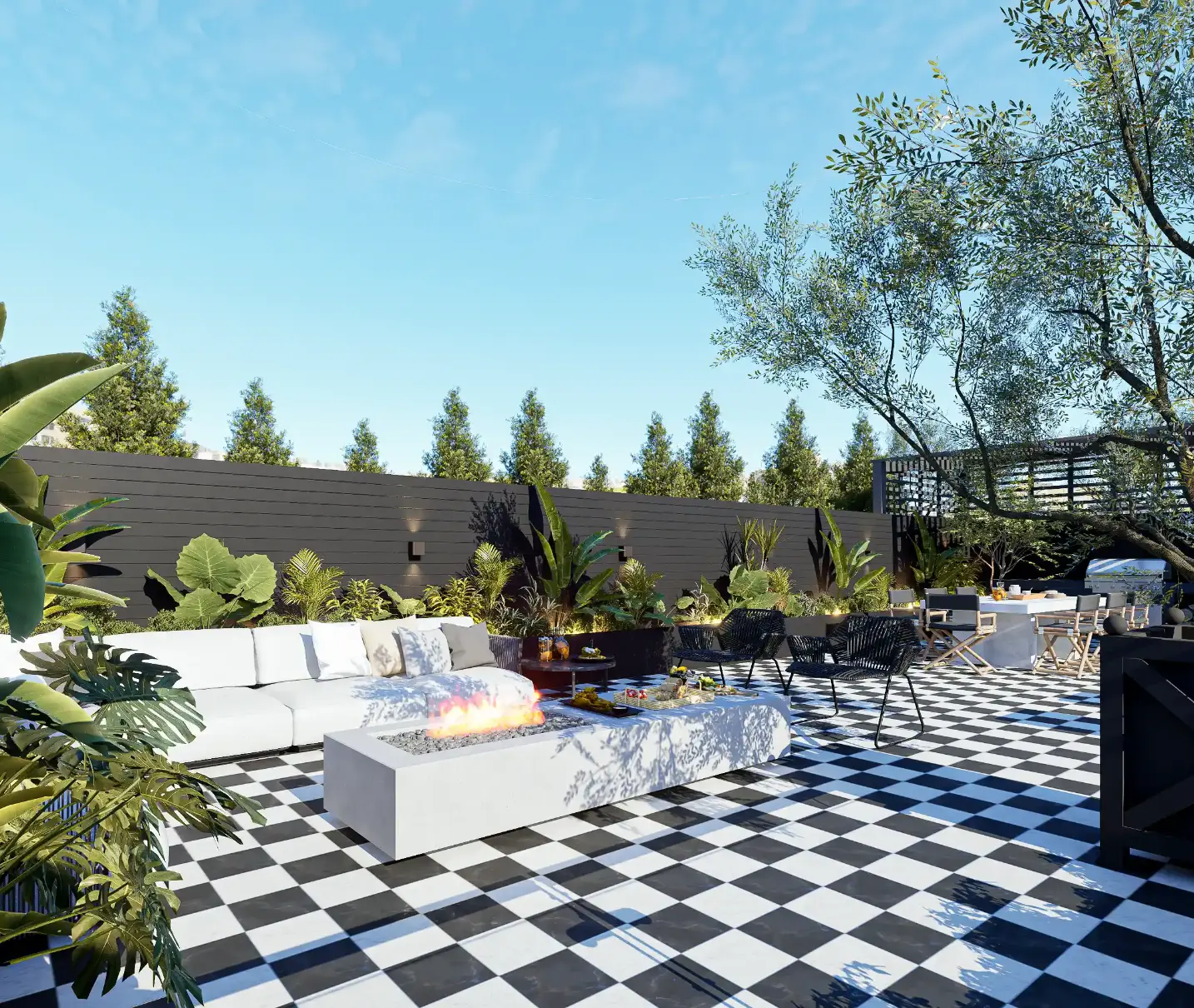 Renovation of terrace with lounge area and outdoor fireplace in Alvalade - Renovation and decoration project for Margarida Bugarim's apartment Terrace lounge area with contemporary design, black and white flooring, white sofas, rope armchairs, and outdoor fireplace