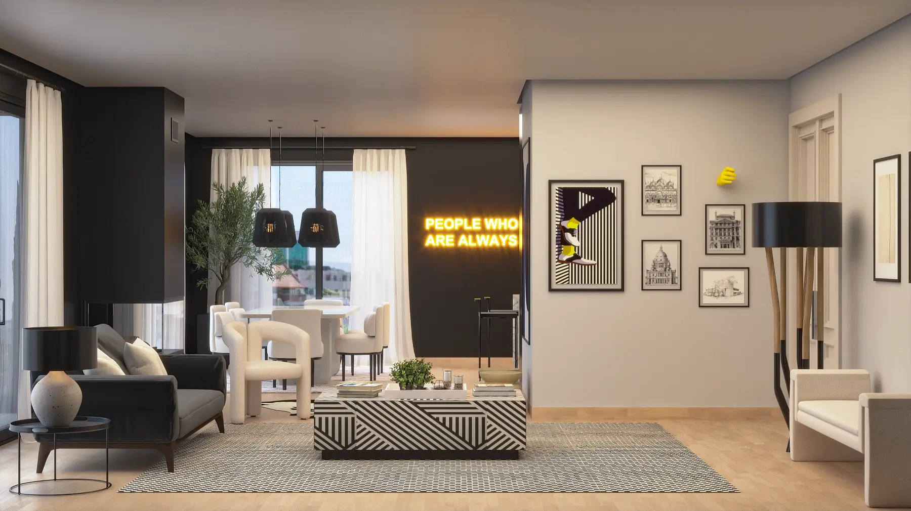 Decoração de sala de estar contemporânea em preto e branco inserida em apartamento totalmente remodelado e decorada pela Margarida Bugarim Interiores Sala contemporânea com sofá preto, cadeirões brancos, mesa de centro com padrão geométrico, iluminação de néon decorativa na parede e quadros
