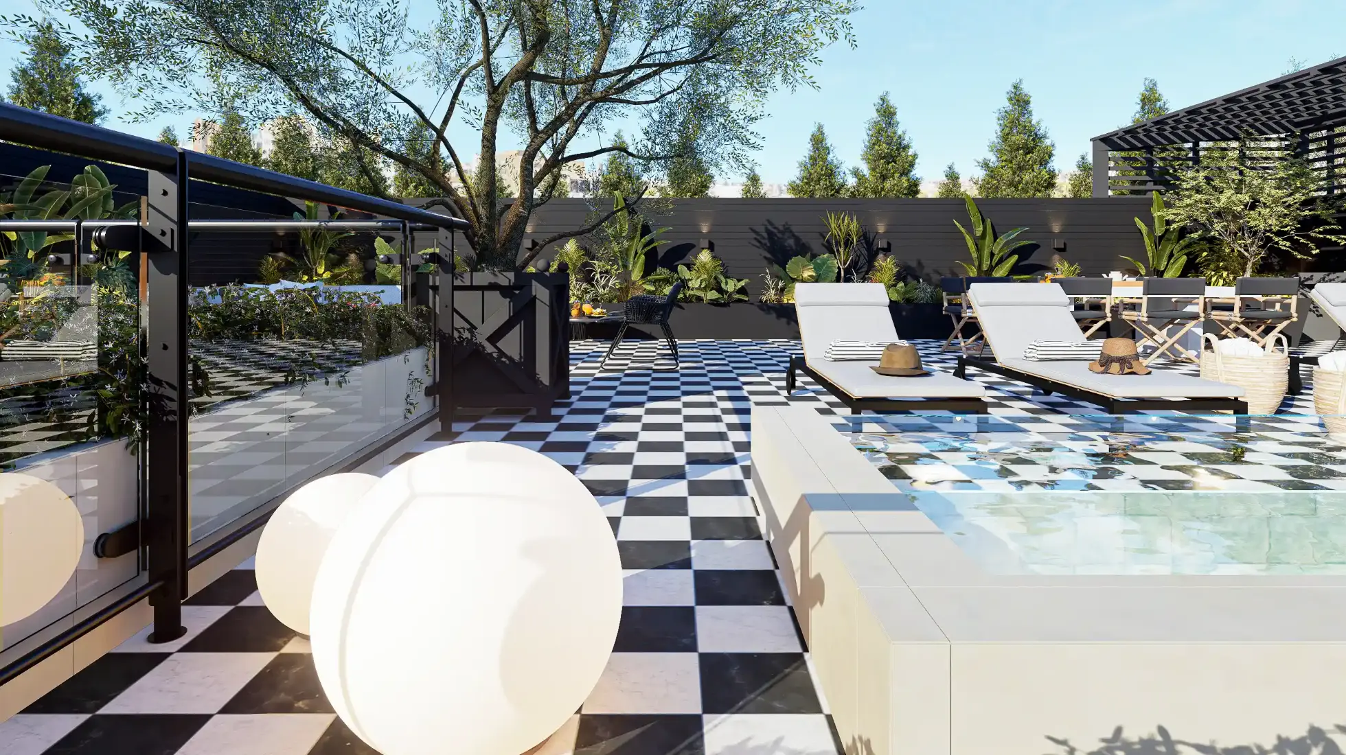 Projeto de remodelação e decoração de terraço em rooftop com piscina em apartamento em Alvalade remodelado por Margarida Bugarim Rooftop com piscina, espreguiçadeiras brancas, árvores e plantas tropicais, piso em padrão xadrez preto e branco, área lounge e mesa de refeições