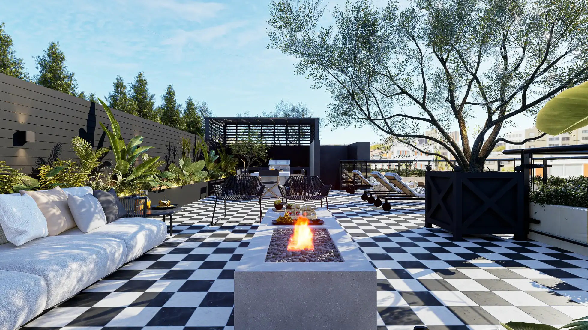 Projeto de remodelação e decoração de terraço rooftop contemporâneo em tons de preto e branco por Margarida Bugarim Terraço rooftop contemporâneo com pavimento em xadrez preto e branco, sofá branco em L, lareira de exterior, cadeiras de design e vegeratção tropical