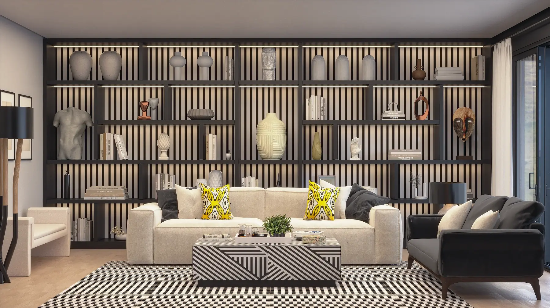 Projeto de decoração de interiores de sala contemporânea com estante desenhada e executada por medida pela Margarida Bugarim Interiores Sala de estar contemporânea com sofá branco, mesa de centro com padrão geométrico e estante preta com fundo de riscas adornada com objetos decorativos