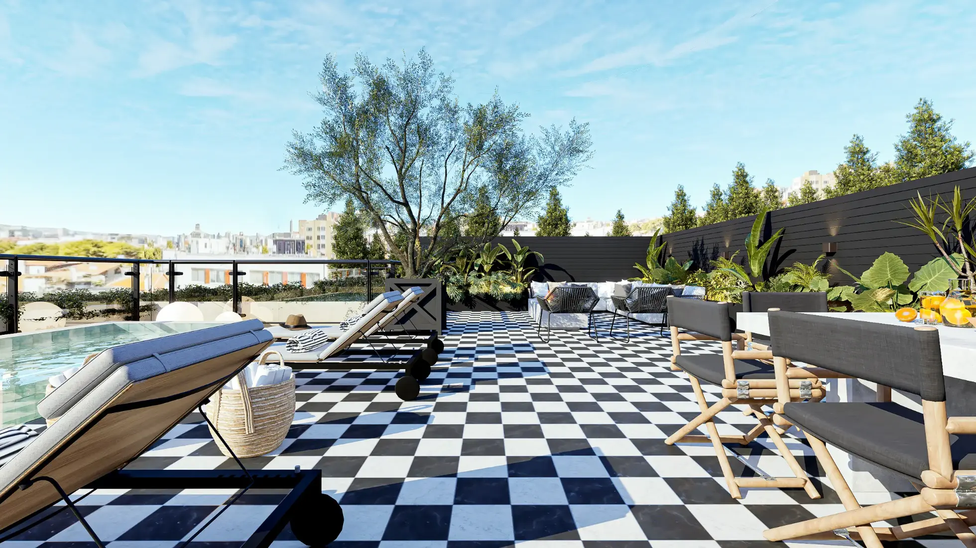 Terraço com piscina inserido em apartamento totalmente remodelado pelo Atelier Margarida Bugarim Terraço com decoração contemporânea, pavimento em mosaico preto e branco, piscina, zona de refeições e deslumbrante vista sobre Lisboa