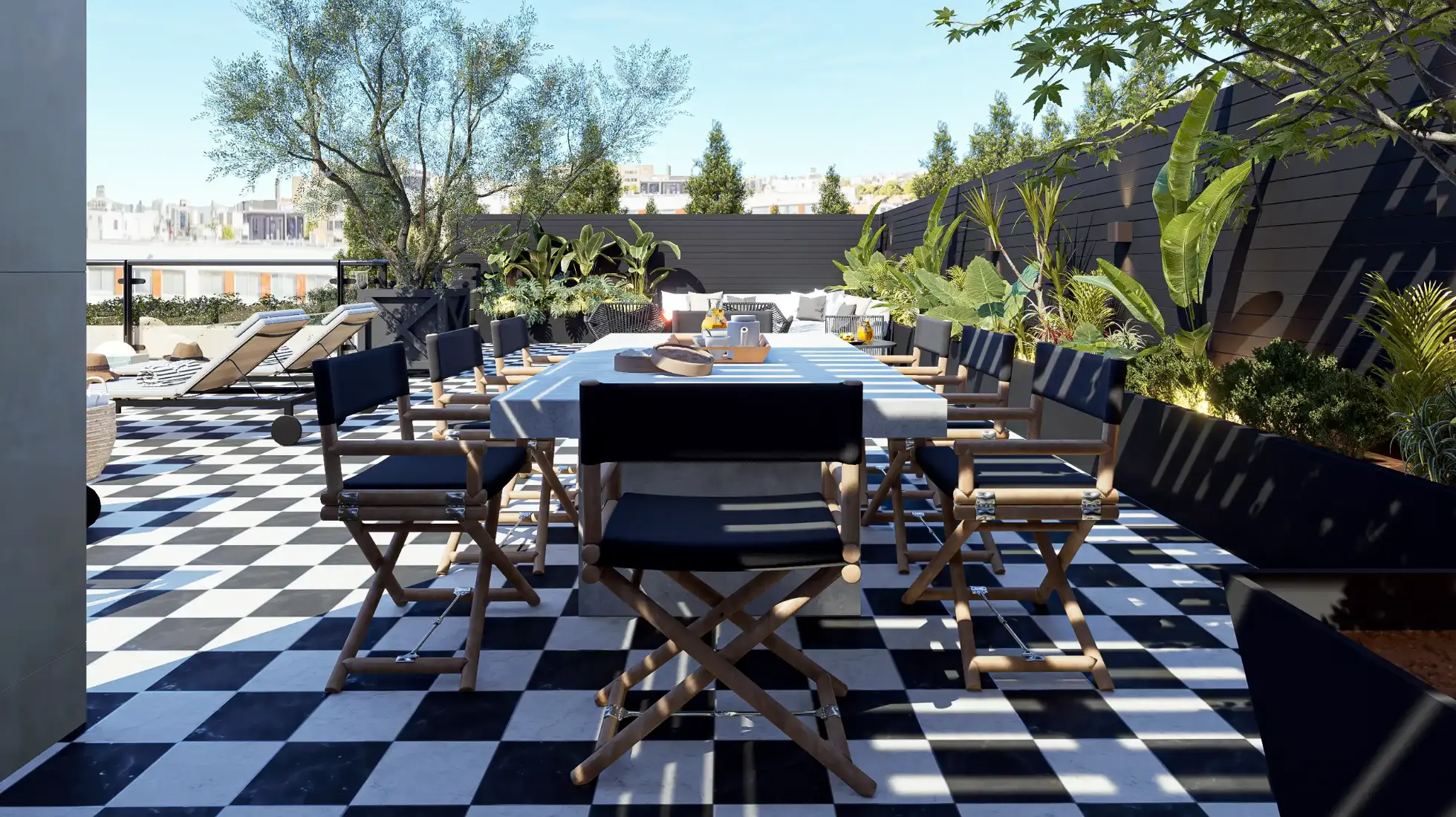 Zona de refeições de terraço rooftop remodelado e decorado pelo Atelier Margarida Bugarim Terraço rooftop com vista sobre lisboa, pavimento em xadrez preto e branco, piscina, zona lounge, zona de refeições e vegetação tropical